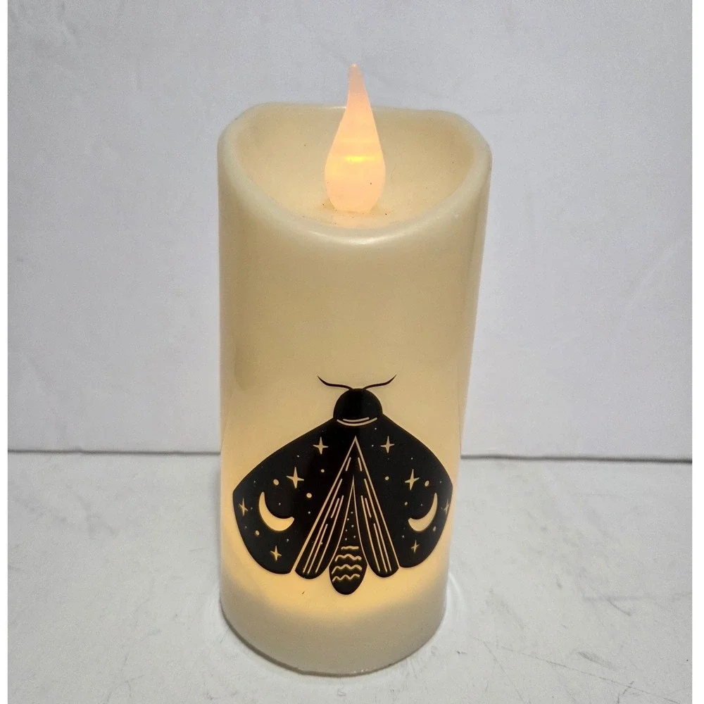 Celestial Moth LED Flameless Pillar Candle Black Moon Stars Gothic Halloween